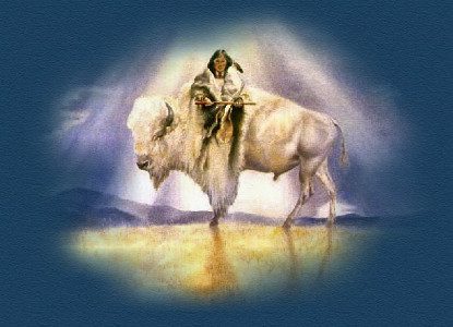 Person in traditional clothing riding white buffalo