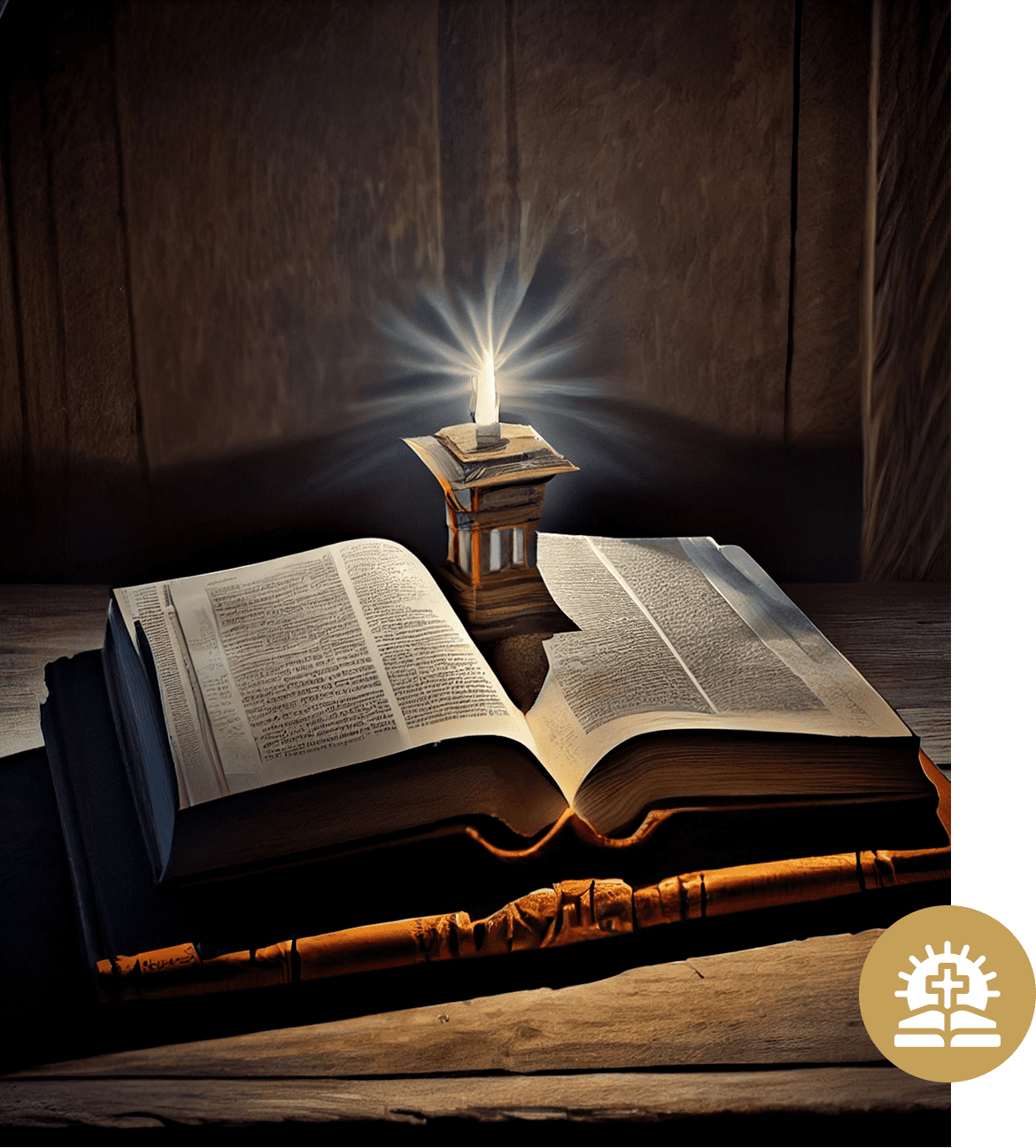 Open book with glowing candle inside.